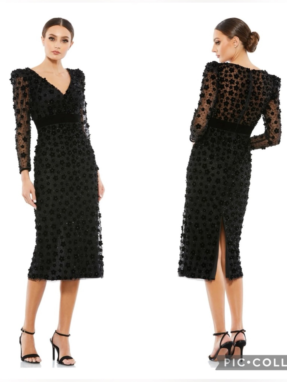 NWT Mac Duggal Black Floral Appliqué Embroidered V-Neck Midi Dress Style 67856